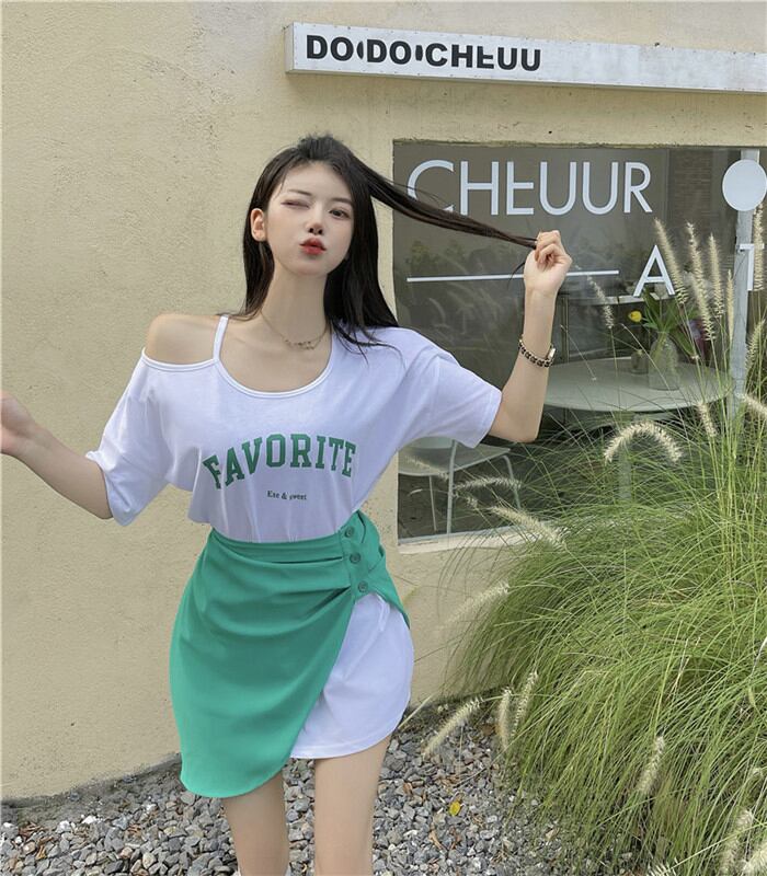 Tシャツ サマースタイル薄手ルーズホワイトトップス 夏物 オフショルダー ブラックストロベリース78398994556