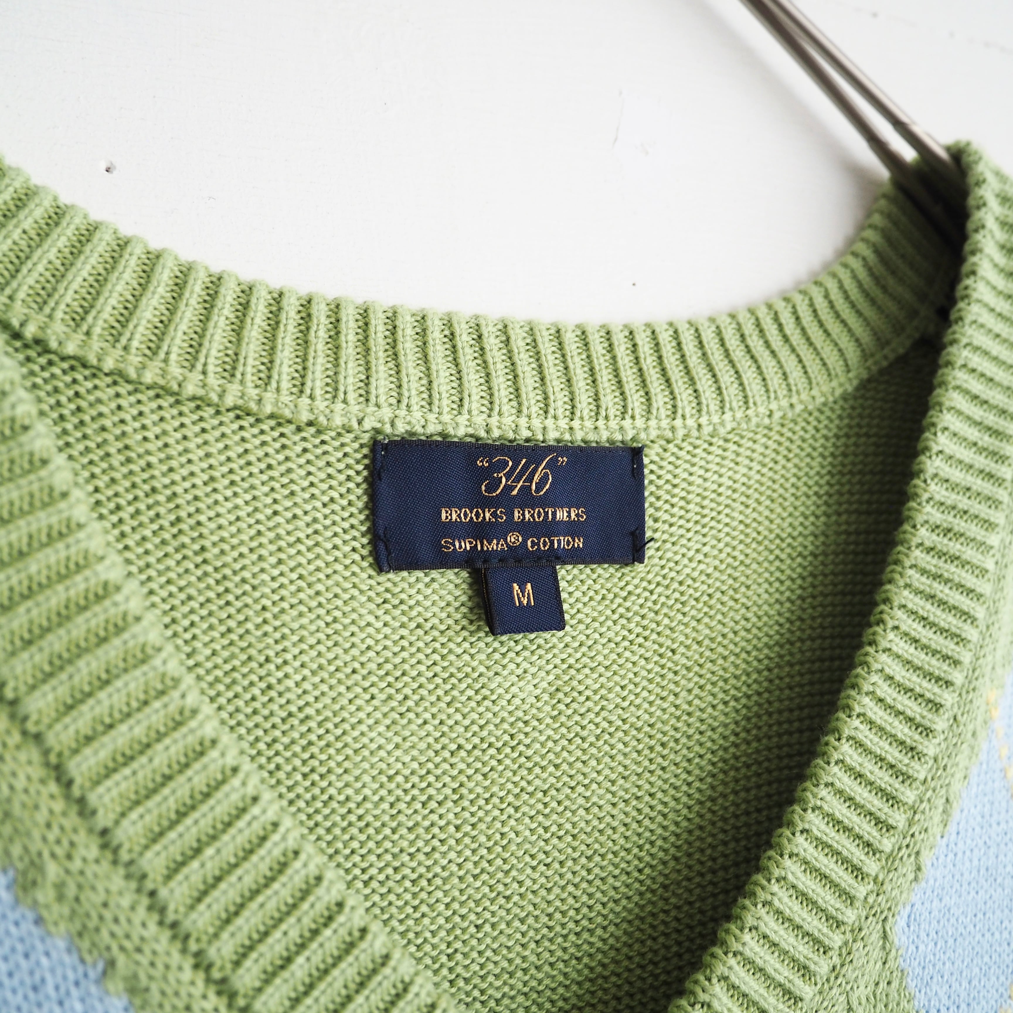 ” Brooks Brothers ” light green × yellow stitch argyle check pattern knit vest