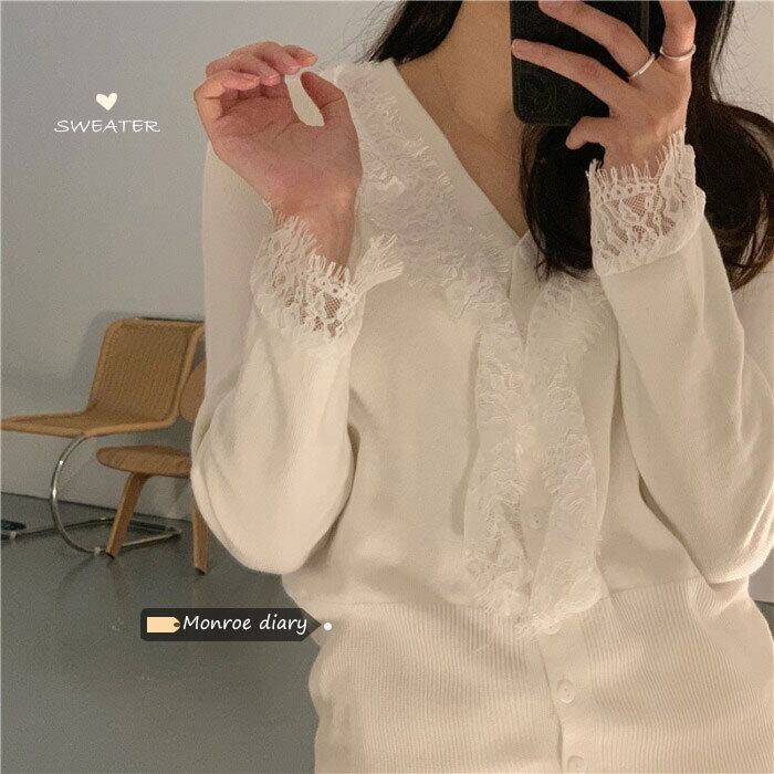 ホワイトシャツ セーター コート オータムウィンタースタイルVネックニットカーディガンクロップドトップス 秋物 冬物 モンロー45816191835