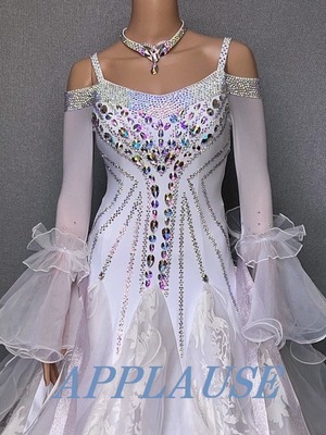 【新着】社交ダンス ドレス　スタンダード　モダンドレス　ホワイト（オフショルダー）　M　ST-22-66　デモ・競技用ドレス　発表会衣装　パーティドレス　ワンピース　舞台衣装