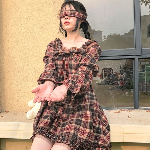 ✞ オータム♡スカート リボン★チェック柄 ロング スウィート 秋物 スクウェア ✞ゴスロリ SM ミリ 甘ロリ クラロリ 和ロリ エレガント 黒ロリ 姫ロリ 華ロリ BB-BB31815931309