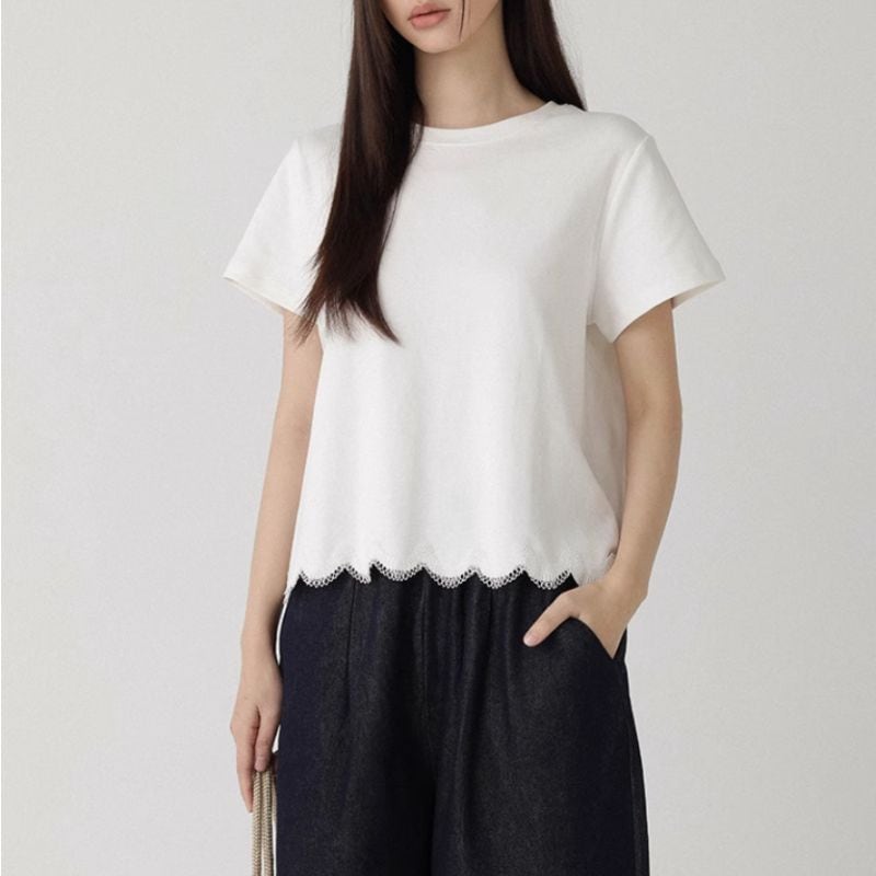 スカラップヘムクルーネック半袖Tシャツ M0279