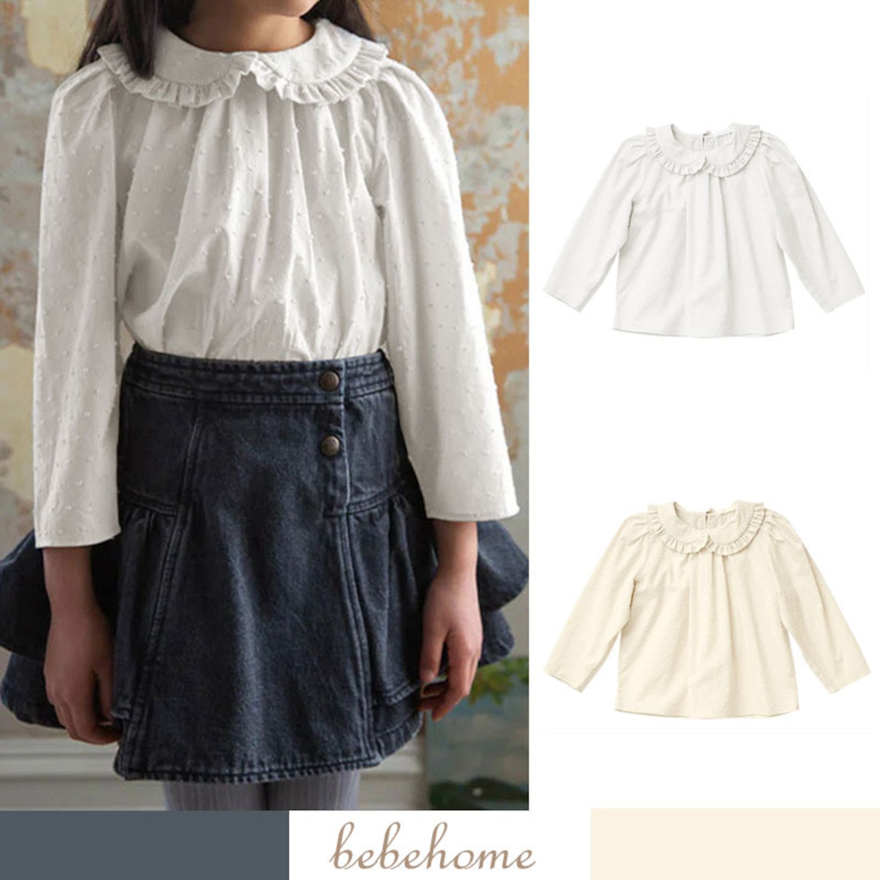 秋フリル襟ドット立体ジャガードブラウス2色