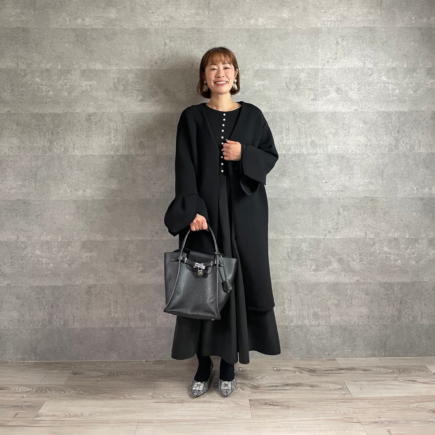 SALE□長さ選べる パール付きお袖フレア2wayニット切り替ワンピース