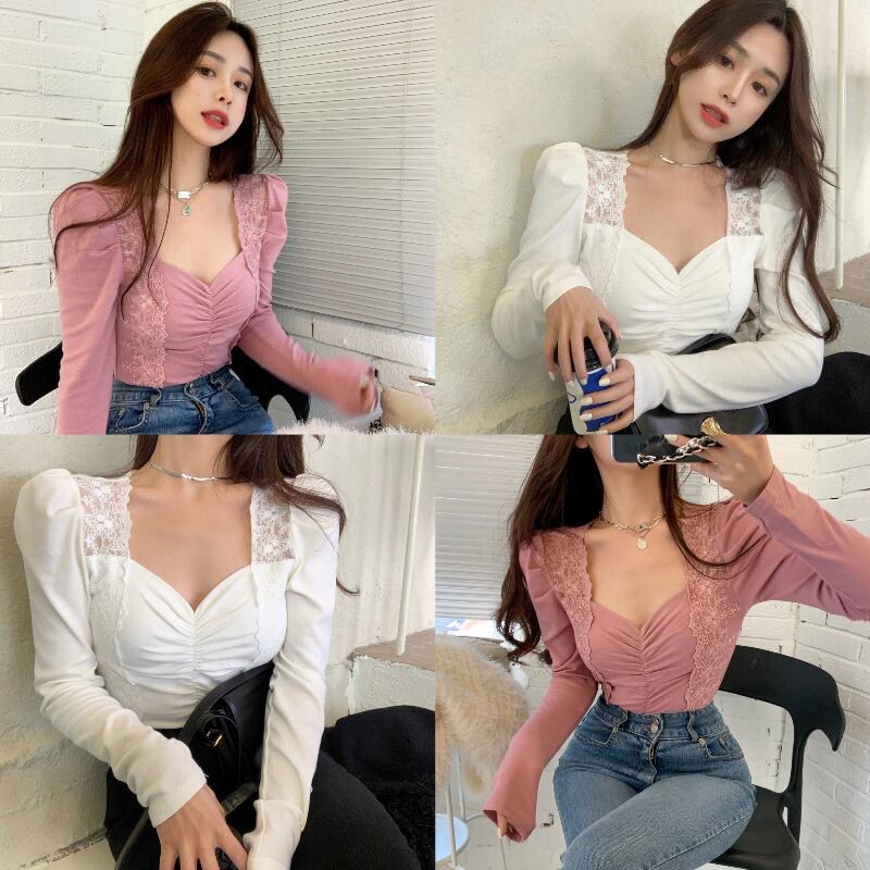 Tシャツ シャツ レーススリムオータムウィンタートップス ロング 秋物 冬物 ステッチ ブラックストロベリース8708601407