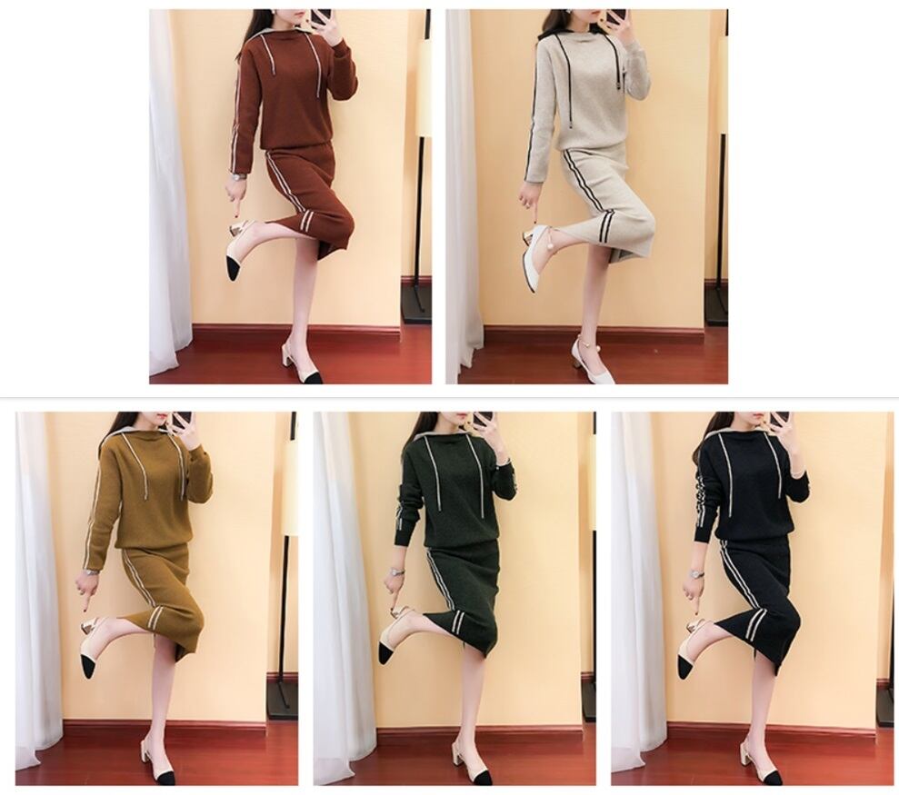 2018秋冬新作！フード付きニットパーカー×膝丈ニットタイトスカートの