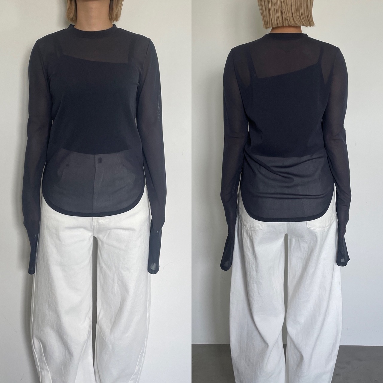 tulle sheer crew neck tops/gray | CFT