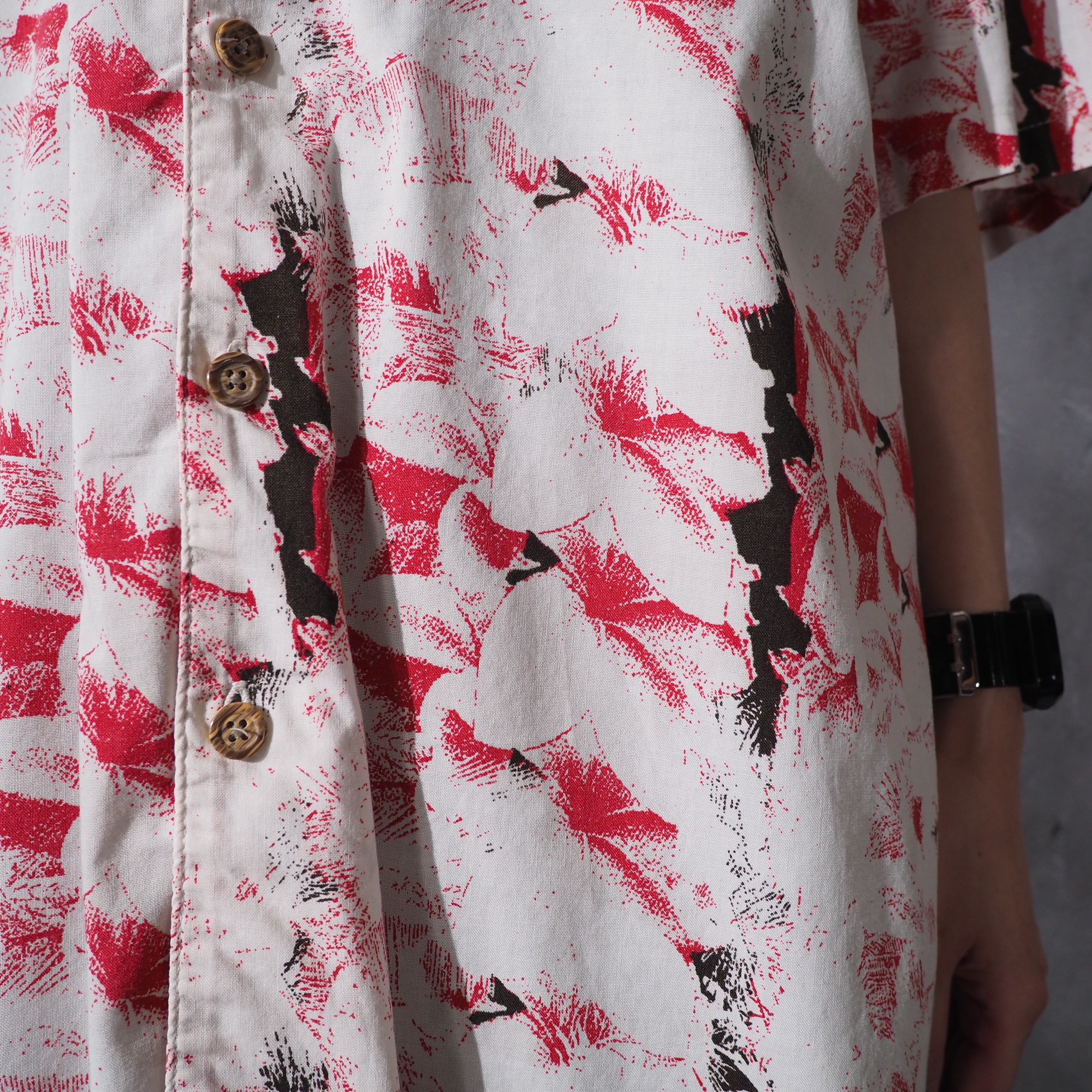 1990s Bewitching dark flower printed vintage open collar shirt