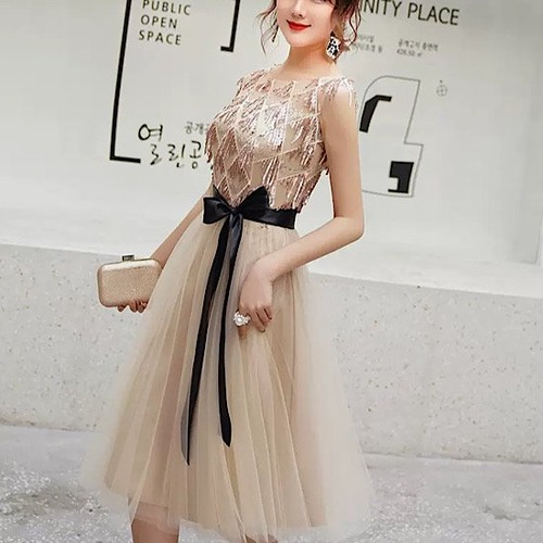結婚式ドレス イブニングドレス レース チュールスカート ウエストリボン ノースリーブ 膝丈 ゴージャス ラウンドネック 発表会 演奏会 レディース フレアドレス 結婚式 ステージ衣装 エレガント
