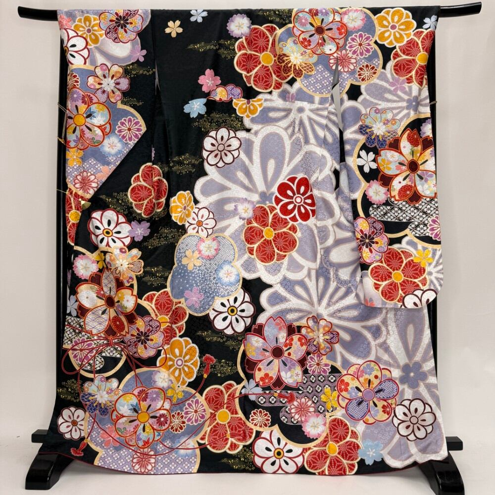 振袖 中古 黒 ポリエステル 古典 洗える着物 裄70cm 身丈171cm 美品 2L サイズ 成人式 6163