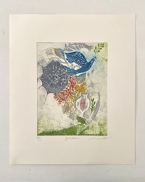 溝上幾久子 Mizokami Ikuko "garden" color etching, drypoint 2023
