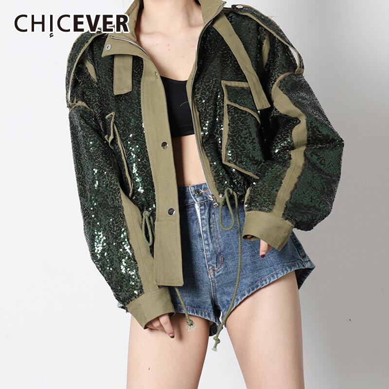 CHICEVERアーミーグリーンジャケット女性タートルネック長袖パッチワークヒットカラーポケットコート2021秋の服 ロング オータム 秋物 6base524119120999