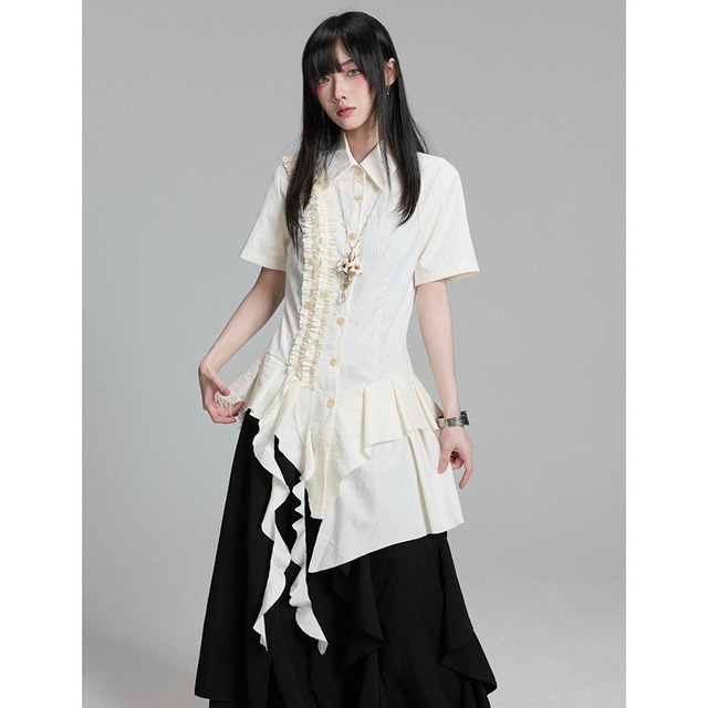 【FG721シリーズ】★チャイナ風トップス★ シャツ 半袖 不規則 非対称 気質アップ 可愛い デザイン性有り