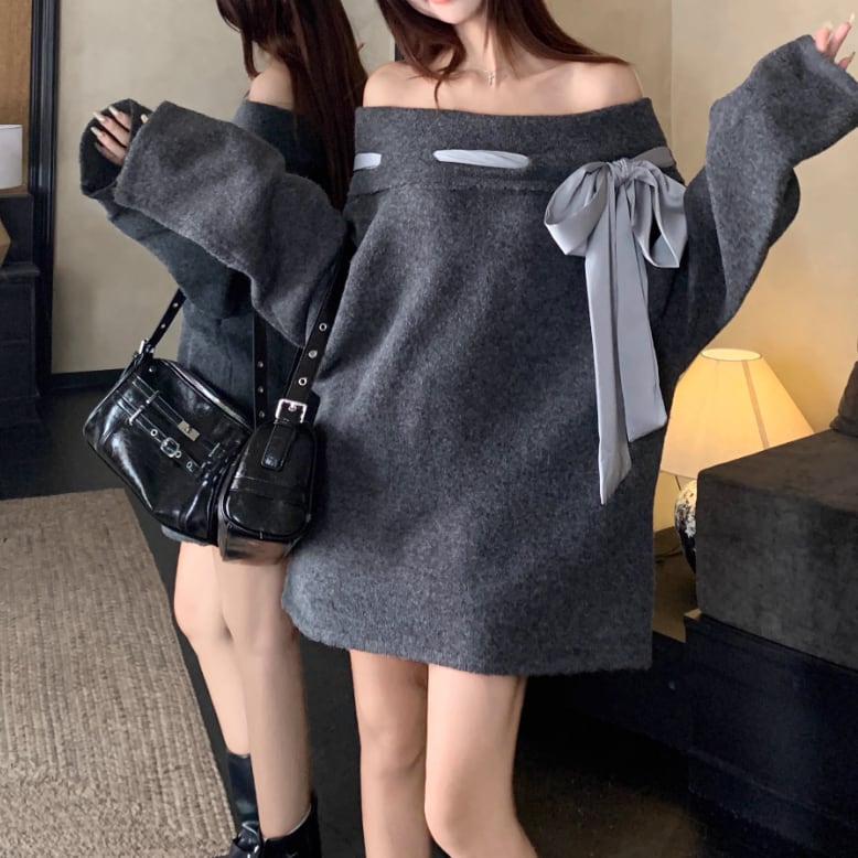 リボンオフショルニットワンピ ・72602 | sucrier ( シュクリエ ) - お