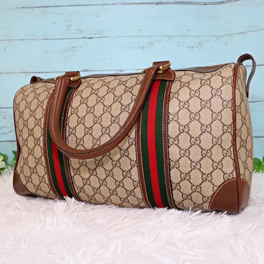 グッチ GG スプリーム PVC×レザー ボストン バッグ オールド ブラウン GUCCI - GUCCI オールドグッチ シェリーライン GG スプリーム