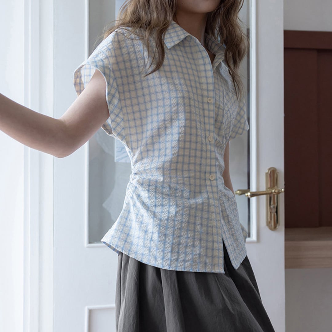gathered waist check blouse