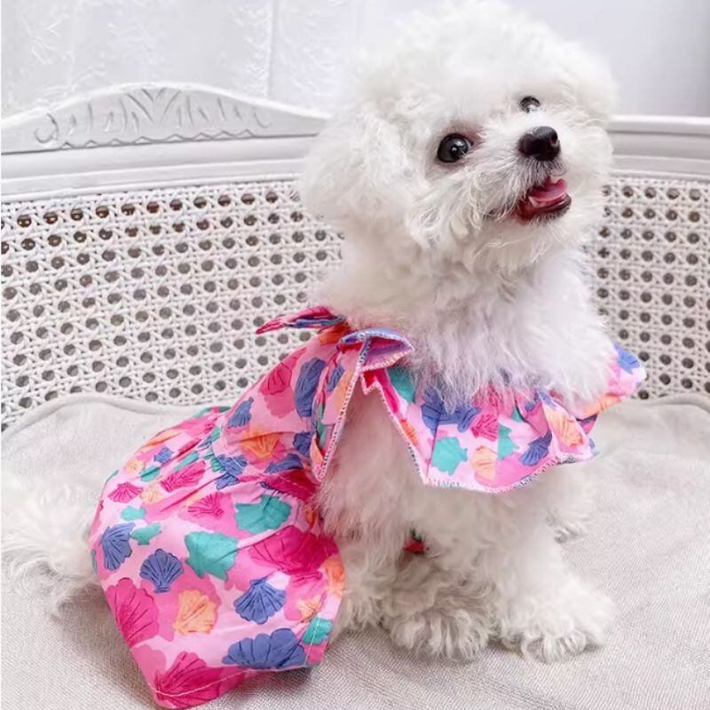 シェル柄コーラルピンクのワンピース 犬服 00403