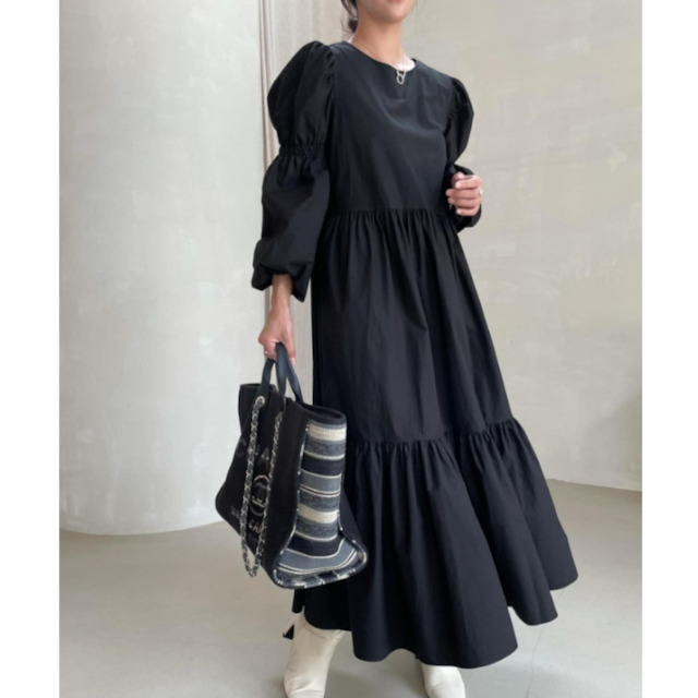 Puff sleeve tiered long dress A945