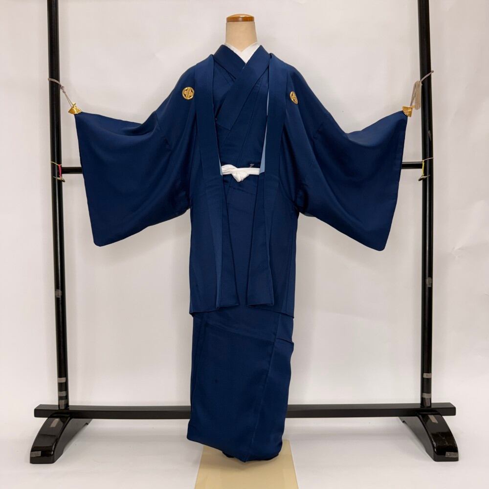 男紋付 男着物 紋付 ポリエステル 羽織 長着 裄69.7cm M size 青 五つ紋 中古 成人式 舞台衣装 6368