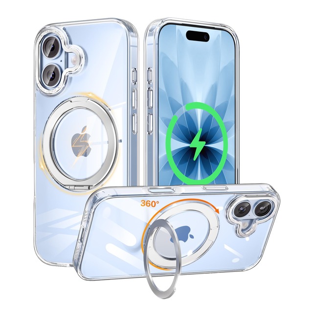 Hailifang iPhone 17 用ケース 米軍MIL規格 Magsafe対応 ワイヤレス充電 360°回転スタンド スマホケース 透明