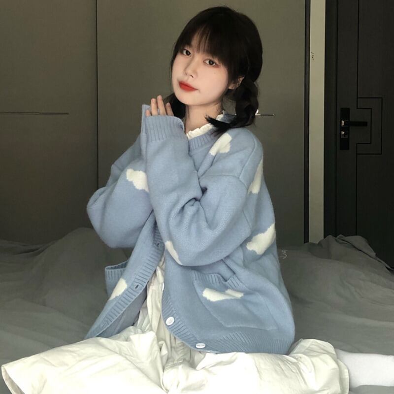 ブルーホワイトニットカーディガンレディースオータムルーズラウンドネックウィンターセーター ジャケット 大人ガーリー スウィート キュート カジュアル 秋物 冬物 Oネック 萌量不足63200526184