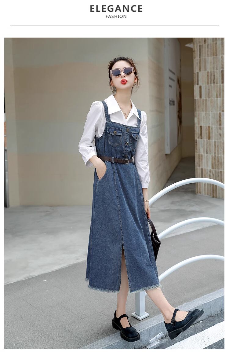 set】シャツ×デニムサロペットワンピースベルト付きセット M17837