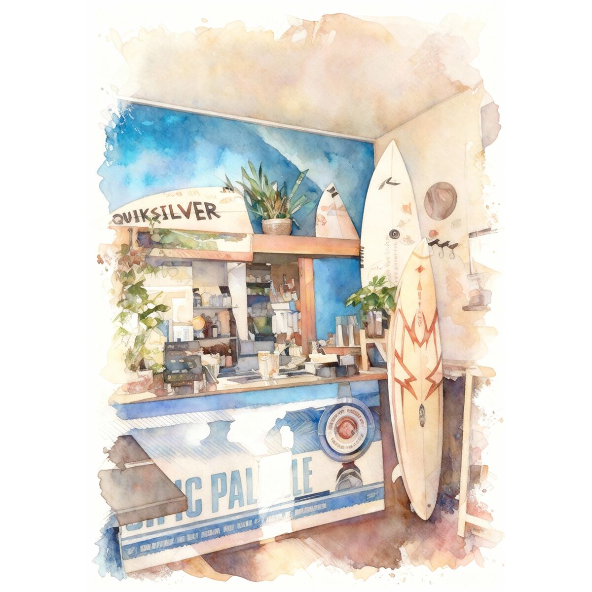 絵画 風景画 夏 オーストラリアのビーチサイドにあるカフェ インテリアアート額付き 水彩画風 WAT1653