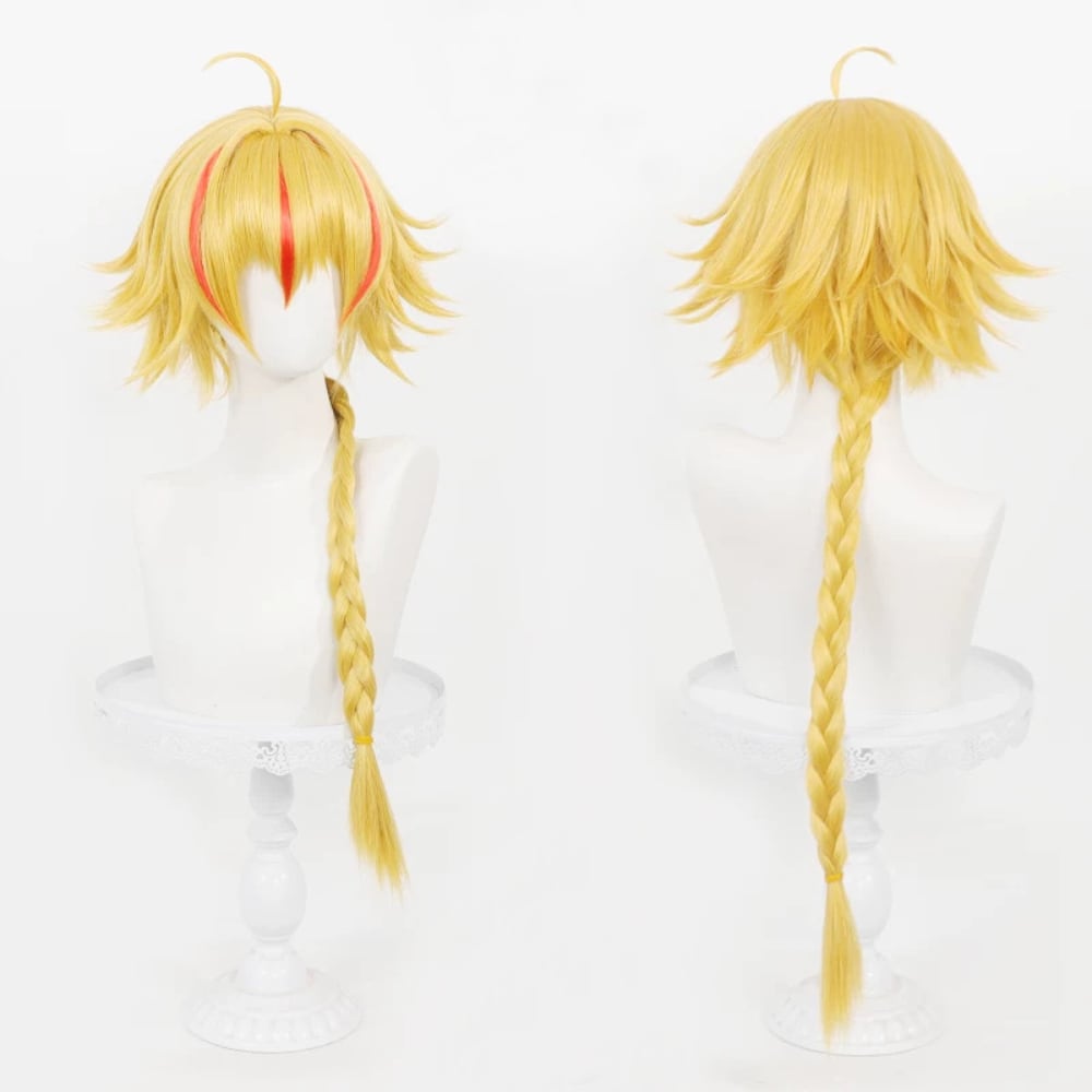 コスプレ耐熱ウィッグ ゴールド レッド メッシュ 三つ編み ロング