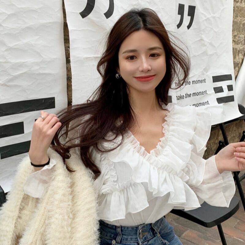 シフォンシャツ トップス スプリングサマーホワイトVネック ロング 春物 夏物 YY-ファッション85158057958