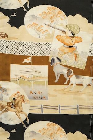 1852 面白柄 男物襦袢 競馬 猟銃 猟犬 モス 昭和レトロ アンティーク着物 ヴィンテージ古布 リメイク素材