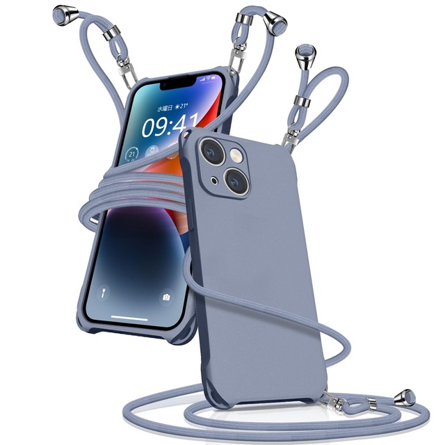 iPhone14 向けの ケース ショルダー シリコン アイフォン14 カバー 耐衝撃(グレーブルー)