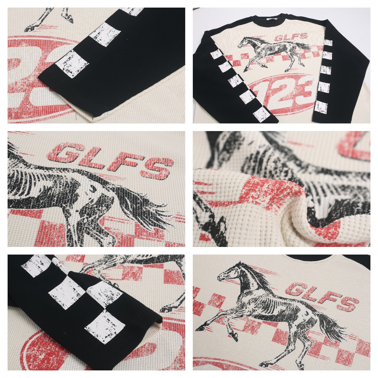 VINTAGE ストリート ホースグラフィック ワッフルロングTシャツ T2233
