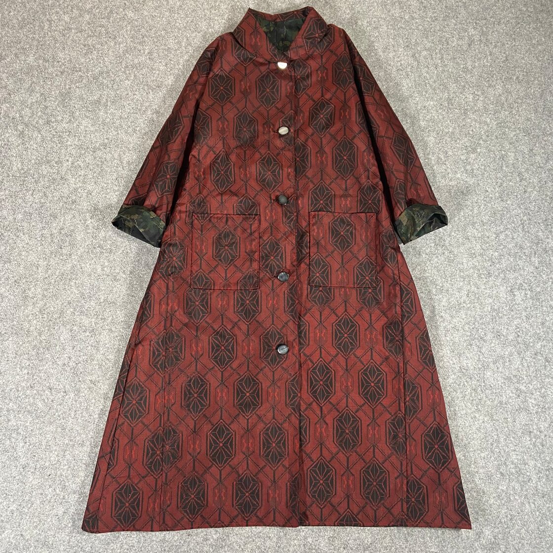 大島紬 着物リメイク 草木柄 リバーシブル ロング コート マキシ 古布 