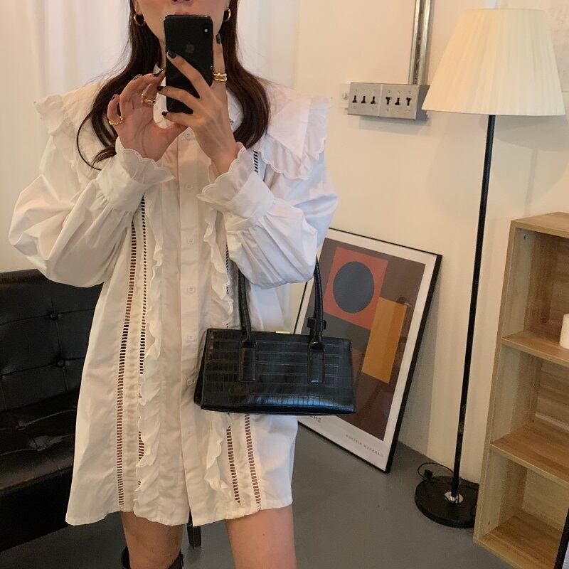 ホワイトシャツ レーススカート ウィンター ロング 冬物 ビッグFスモールZ韓国17393284832