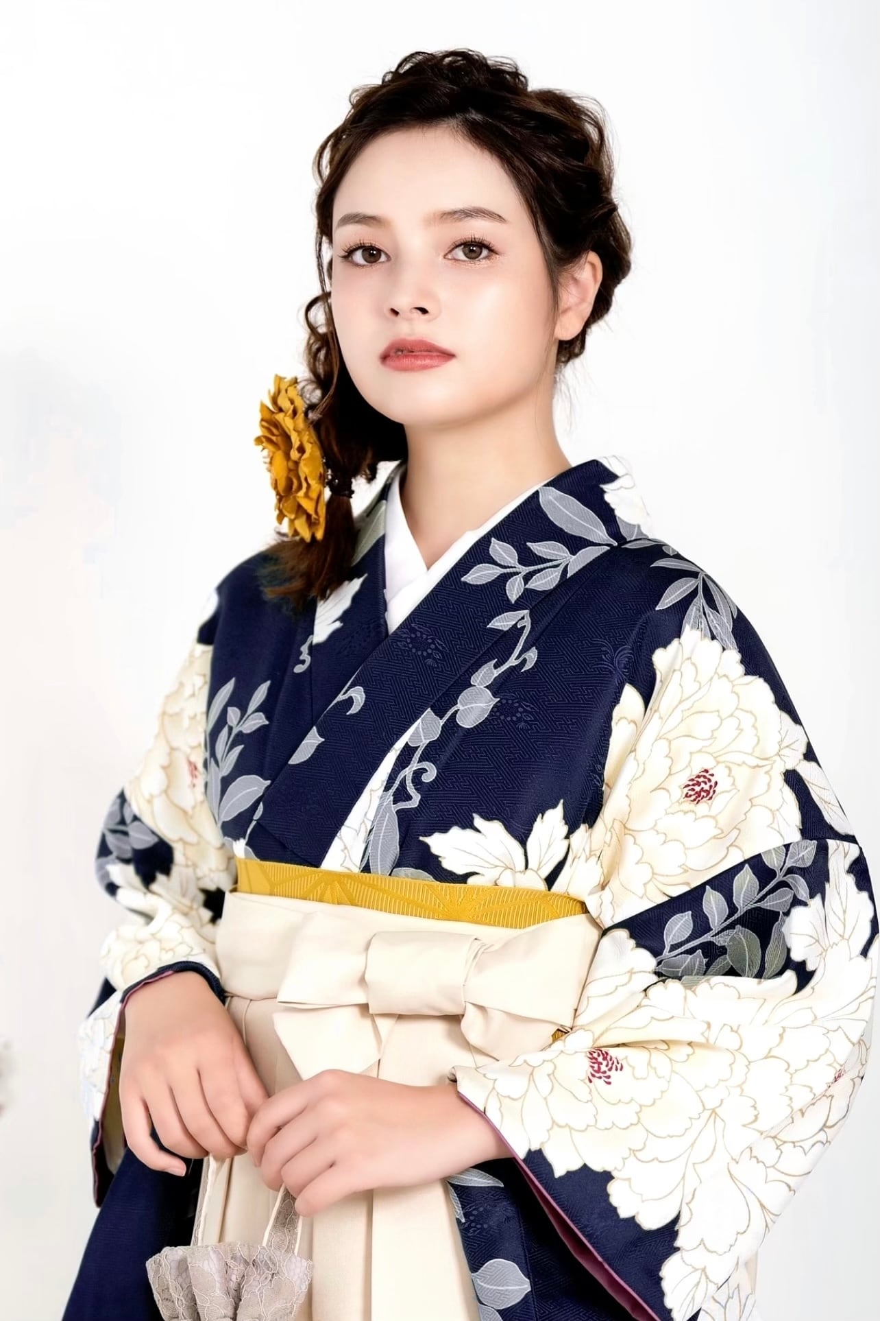 Kimono Sienne 卒業式袴3点セット ネイビー×アイボリー 牡丹 袴 二尺袖着物 袴 卒業式