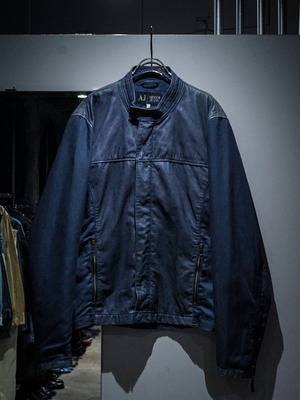 【add (C) vintage】"ARMANI JEANS" Lamb Leather × Cotton Linen Swiching Single Riders Type Jacket