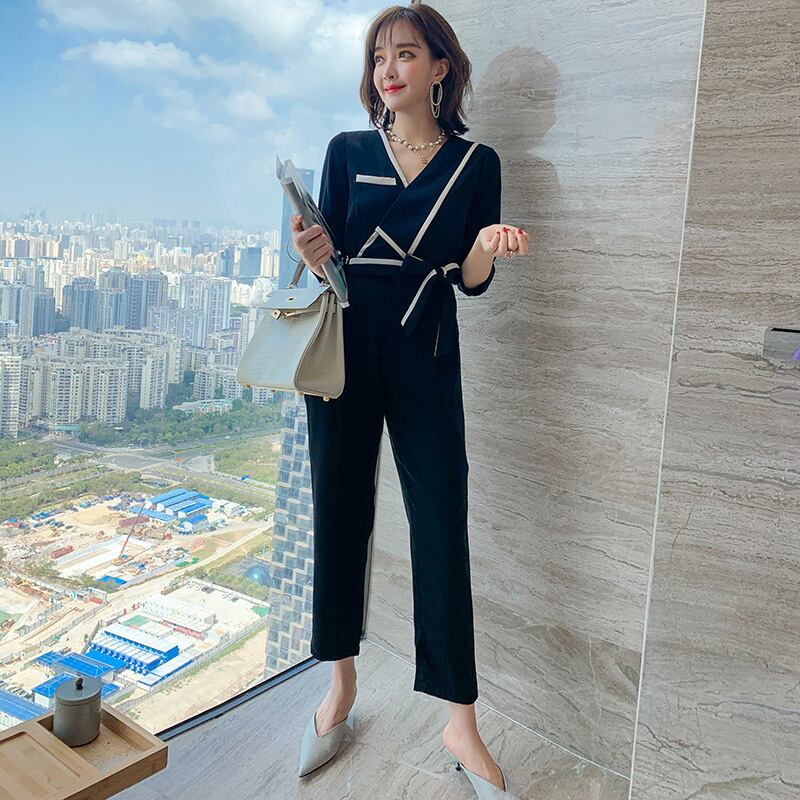 ハイウェストジャンプスーツ オールインワン スプリング レース 春物 レースアップ MIUCO49497073584