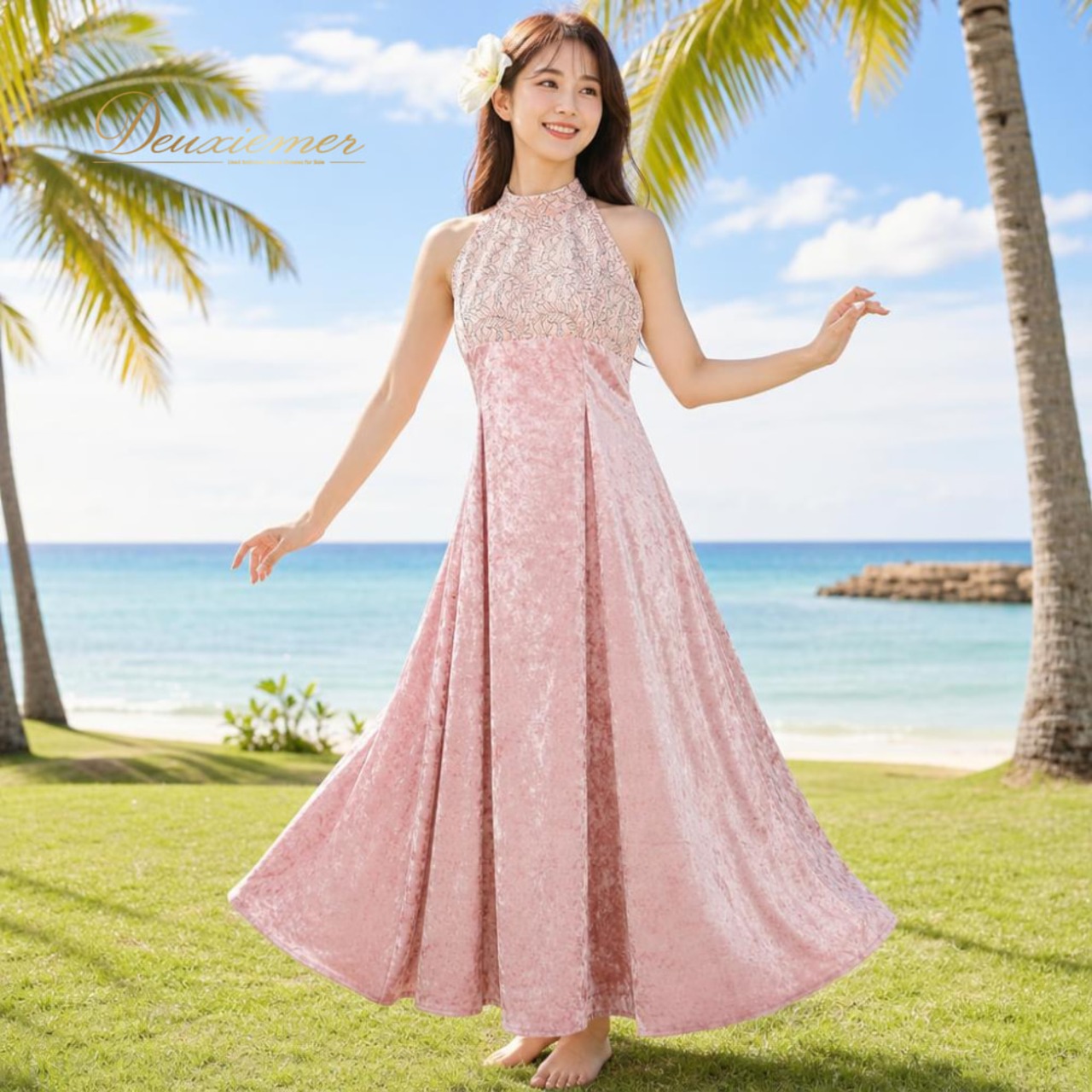 フラダンス 衣装 ワンピース ピンク系 ベロア ノースリーブ 袖なし 花柄 葉っぱ柄 かわいい 黒 伸縮 ストレッチ 光沢 高級感 おしゃれ ハワイアン アロハ ダンス衣装 イベント ステージ 明るい レース ブラック系