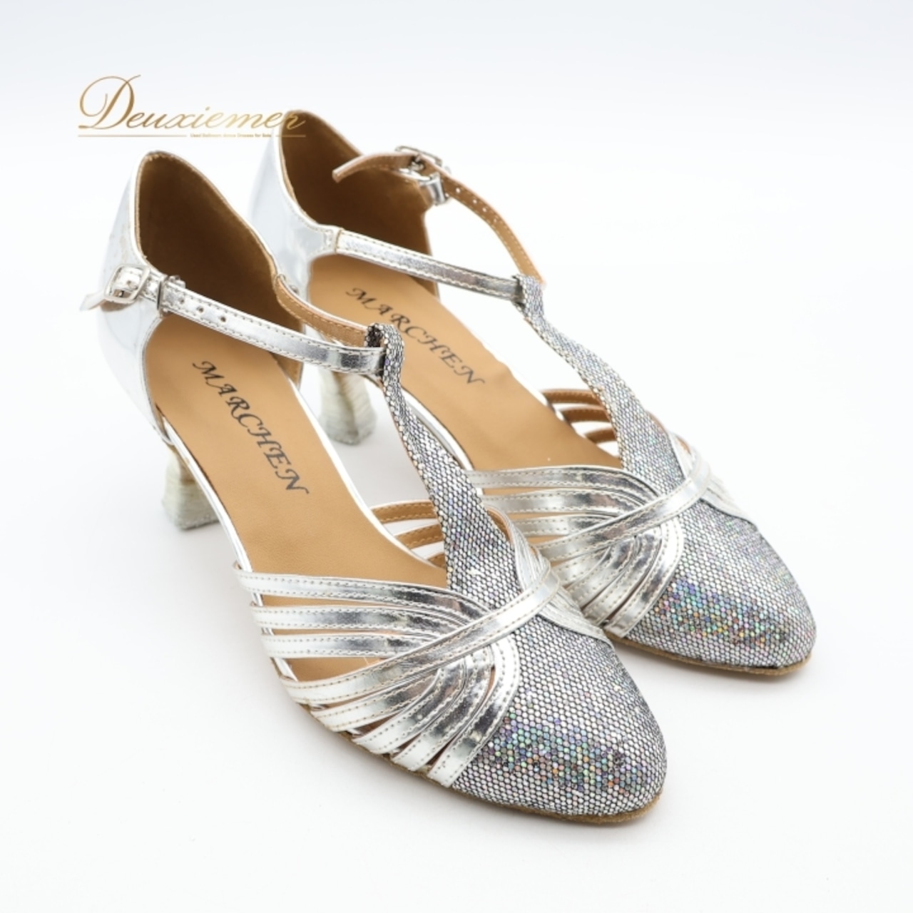 社交ダンス 衣装 スタンダード シューズ 23cm 23.5cm シルバー系 MARCHEN 靴 くつ ヒール ラメ キラキラ ストラップ 華やか 上品 高級感 派手 目立つ パーティー ダンス衣装 イベント