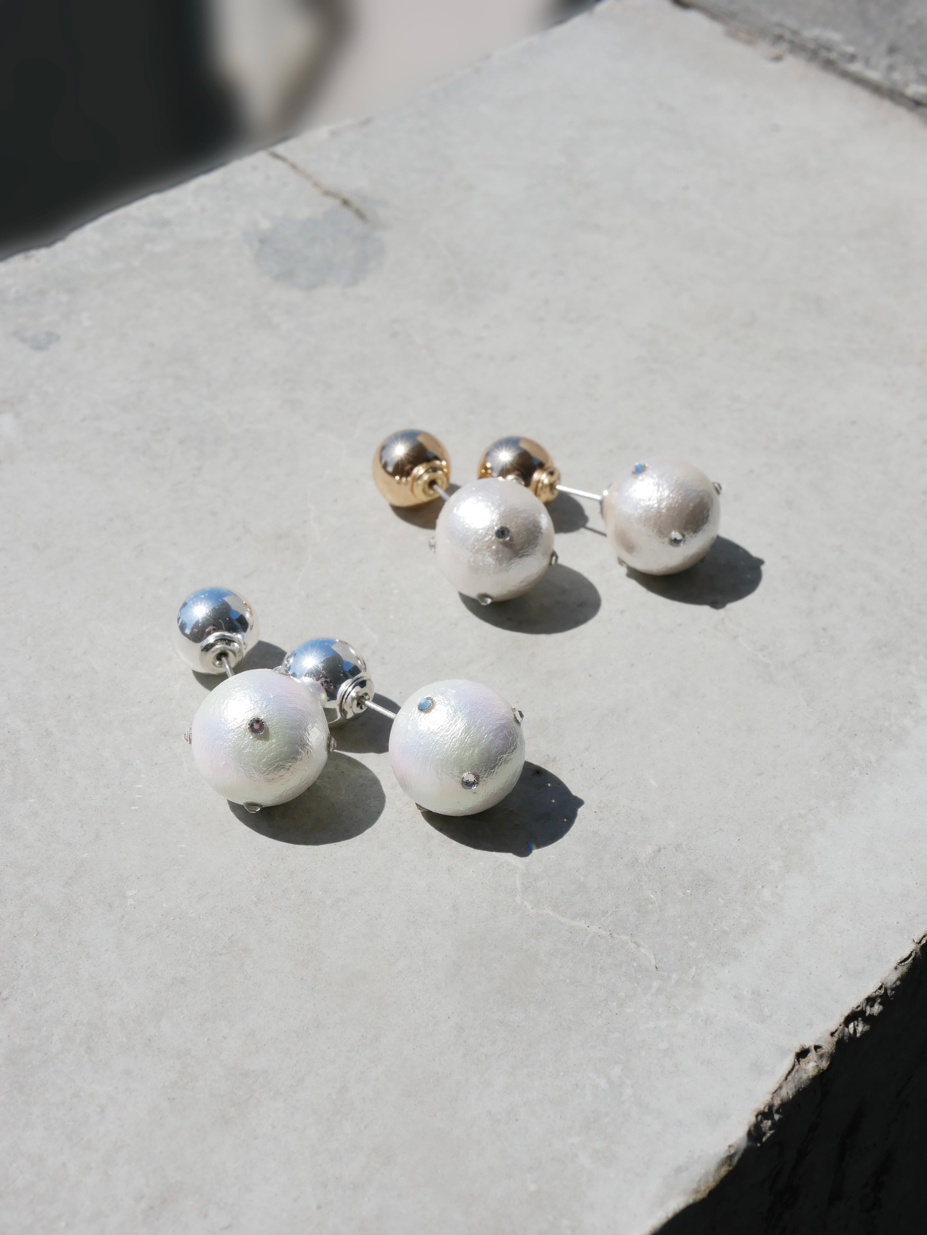 2WAY cotton pearl crystal-dot × metal ball pierce/earring