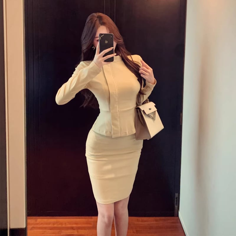 【set】スタントカラージャケット×タイトスカートセット Q8090