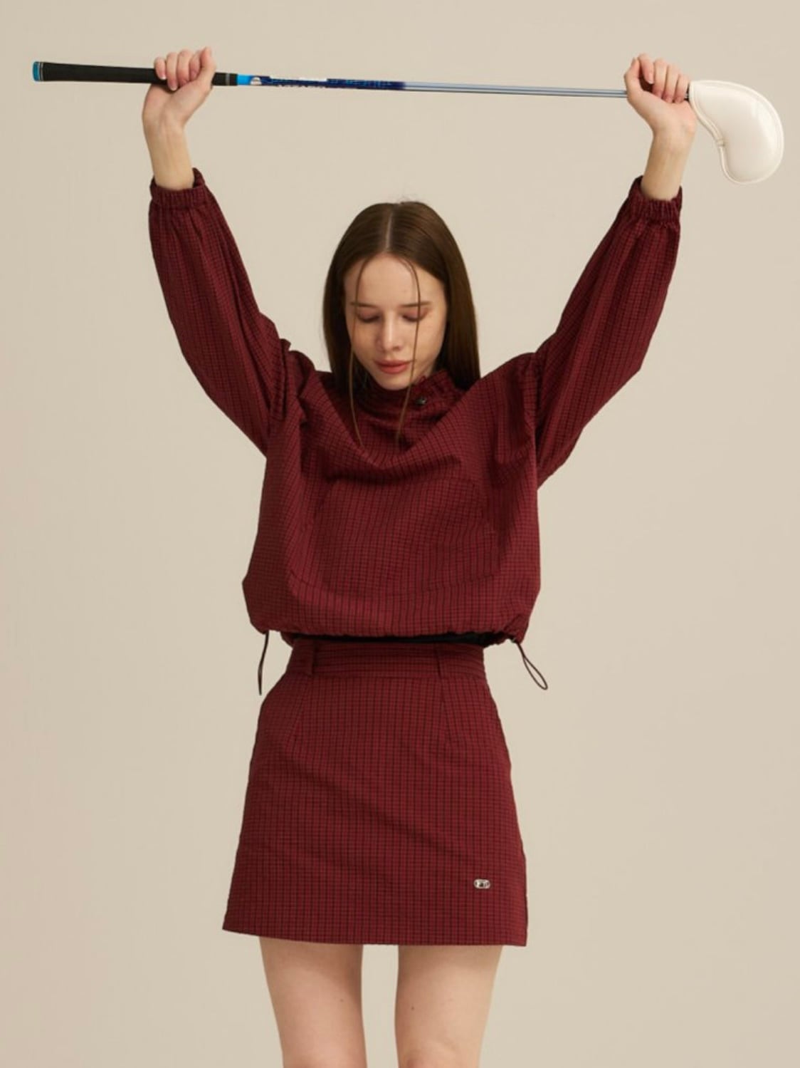 即納＊【セットアップ可能】 Check Motion skirt（Charcoal / Red