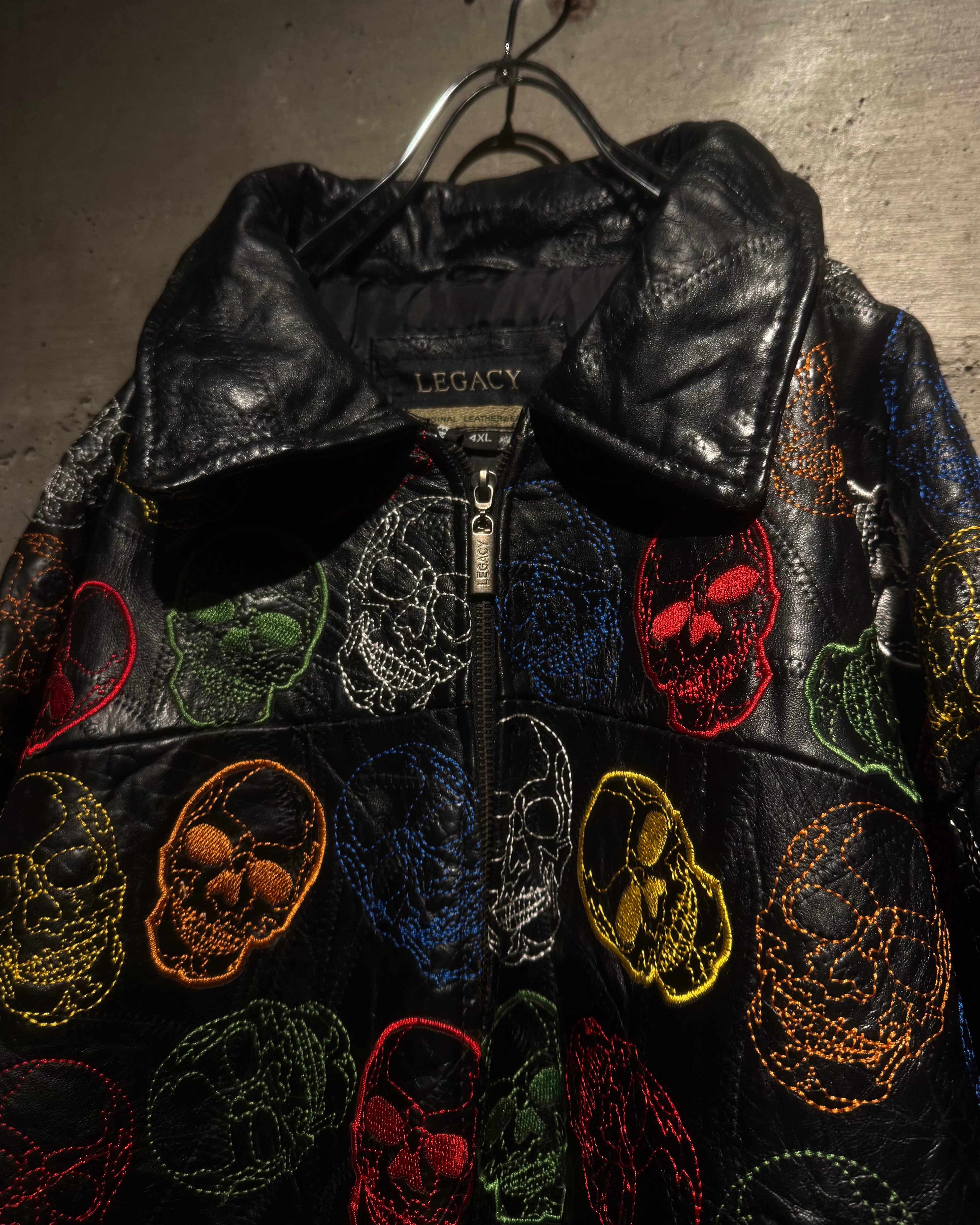 Caka】Skull Total Embroidery × Patchwork Hooded Leather Jacket