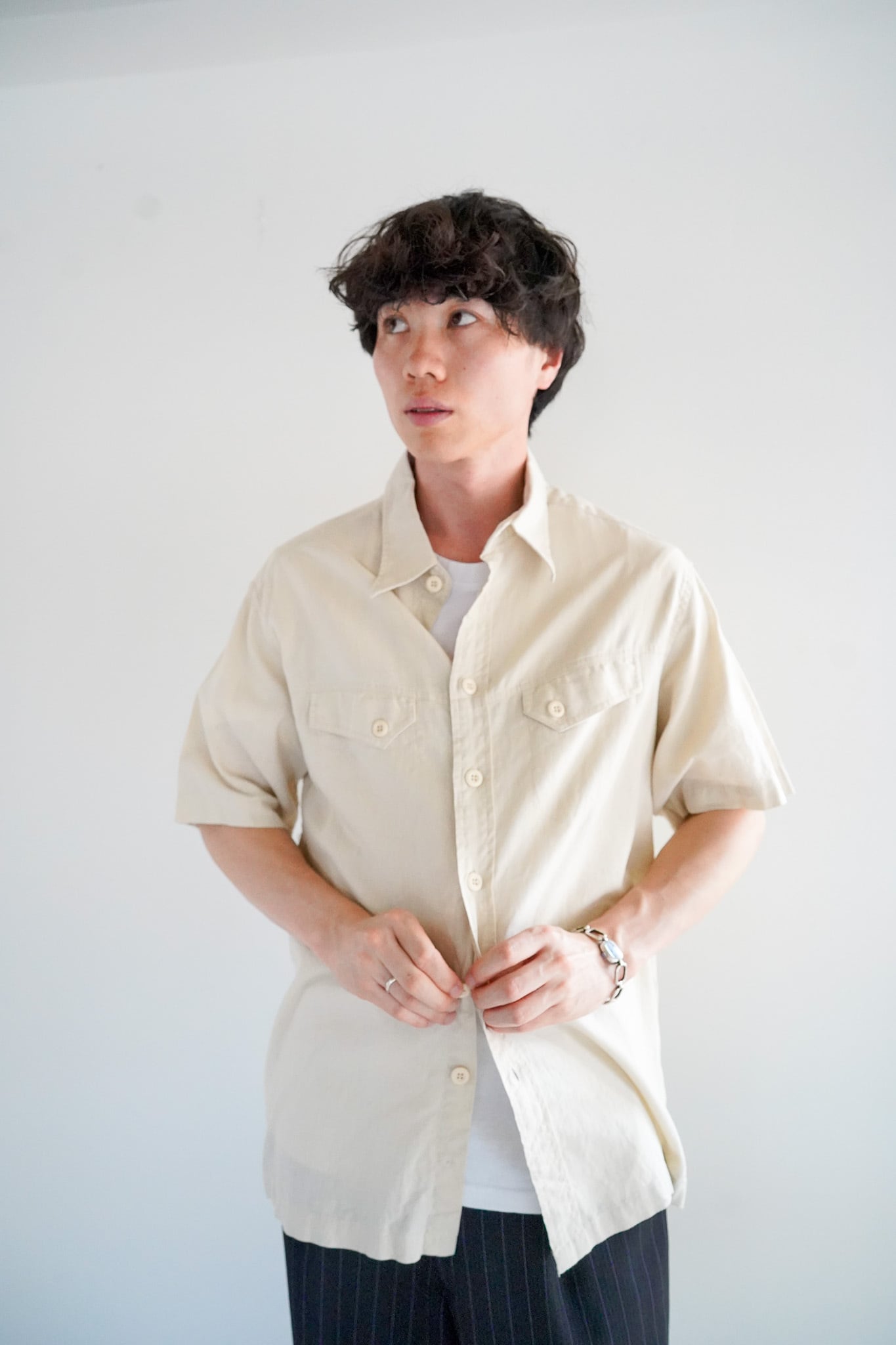 【1990s】"ACT, Linen & Cotton" Beige Color Short Sleeve Shirts / 6-186