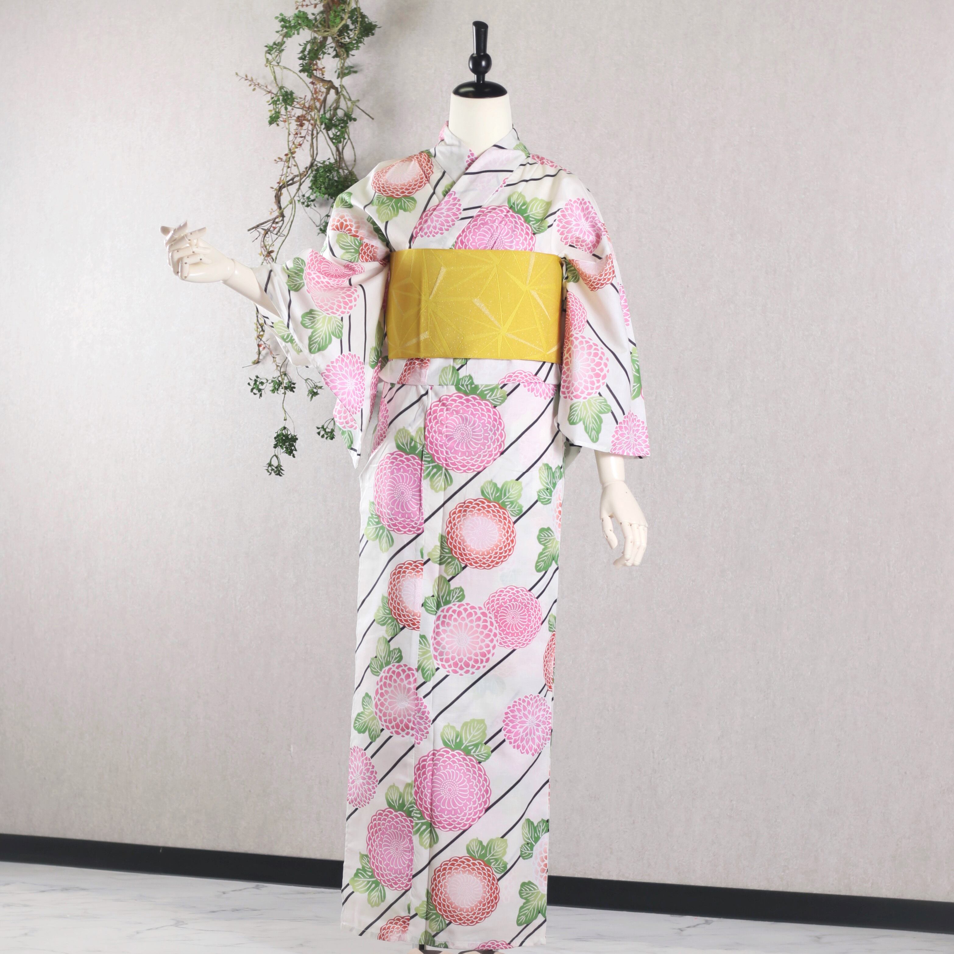 浴衣 2点セット 浴衣セット 白 ピンク 菊 キュート 半幅帯 フリーサイズ 新品 未使用 ゆかた yukata 浴衣 レディース YKN-4-9 浴衣 2点セット 浴衣セット 白 ピンク 菊 キュート 半幅帯