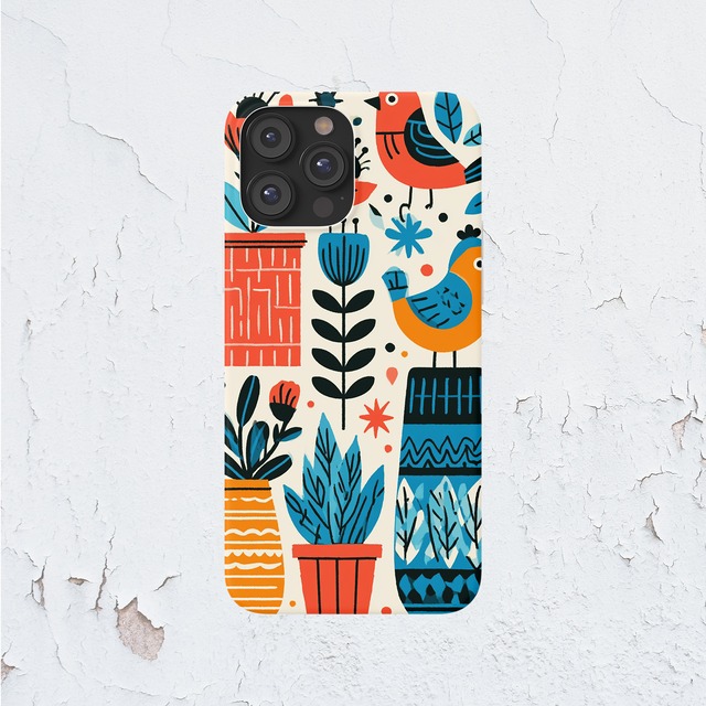 受注生産 iPhoneケース 太陽と植物の民芸ポスター柄｜フォークアート FMSY103A