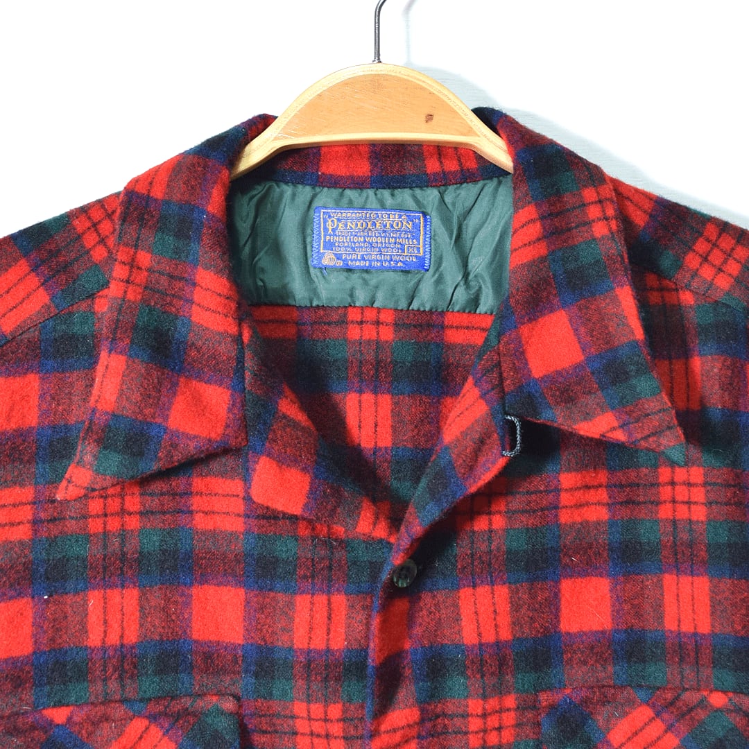 70s USA製 PENDLETON オープンカラー ウール 赤 チェック