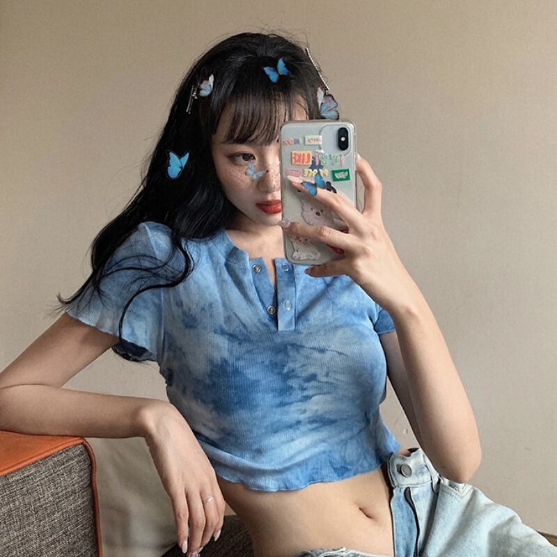 夏の新しい個性青い絞り染め露出へそTシャツ女性の夏のレースはスリムな痩身ボトミングシャツトップを折ります 1号婦人41547484831