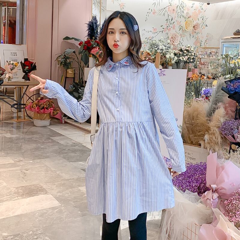 【新作】【送料無料】 マタニティウェア2020秋と冬の新しいストライプの人形の襟の流行のマタニティドレス、年齢を減らすミドル丈のファッションマタニティドレス-アリババ オータム 秋物 ウィンター 冬物 expec287740291486