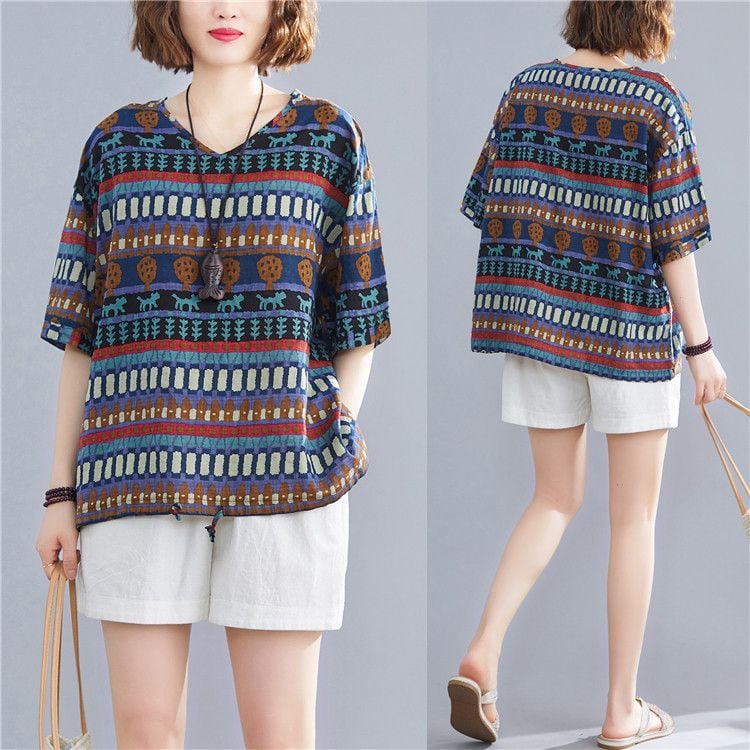 V-NECK RETRO PRINT SHORT SLEEVE LOOSE T-SHIRT M-17982